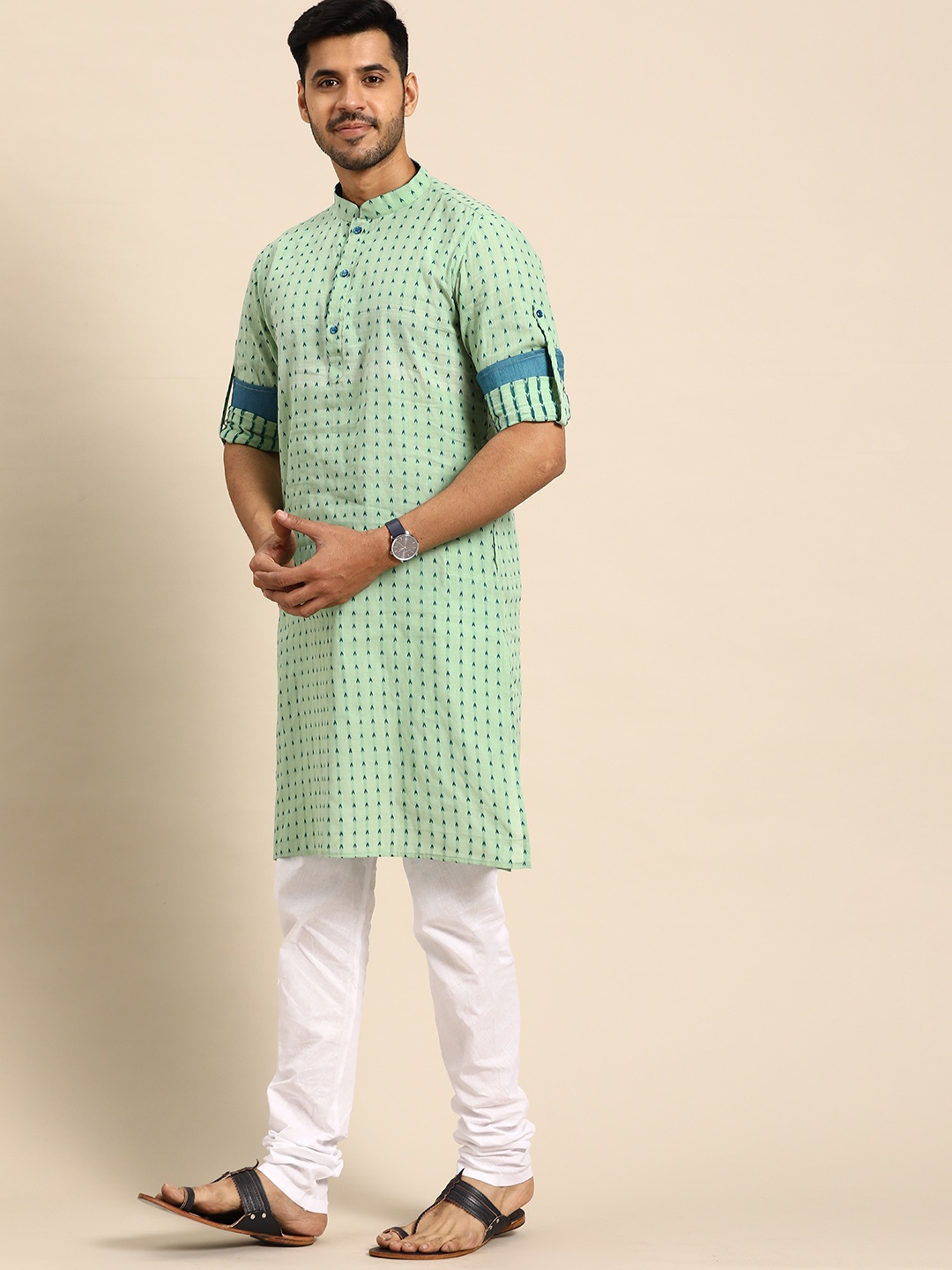 

Anouk Men Green Printed Regular Pure Cotton Kurta with Churidar