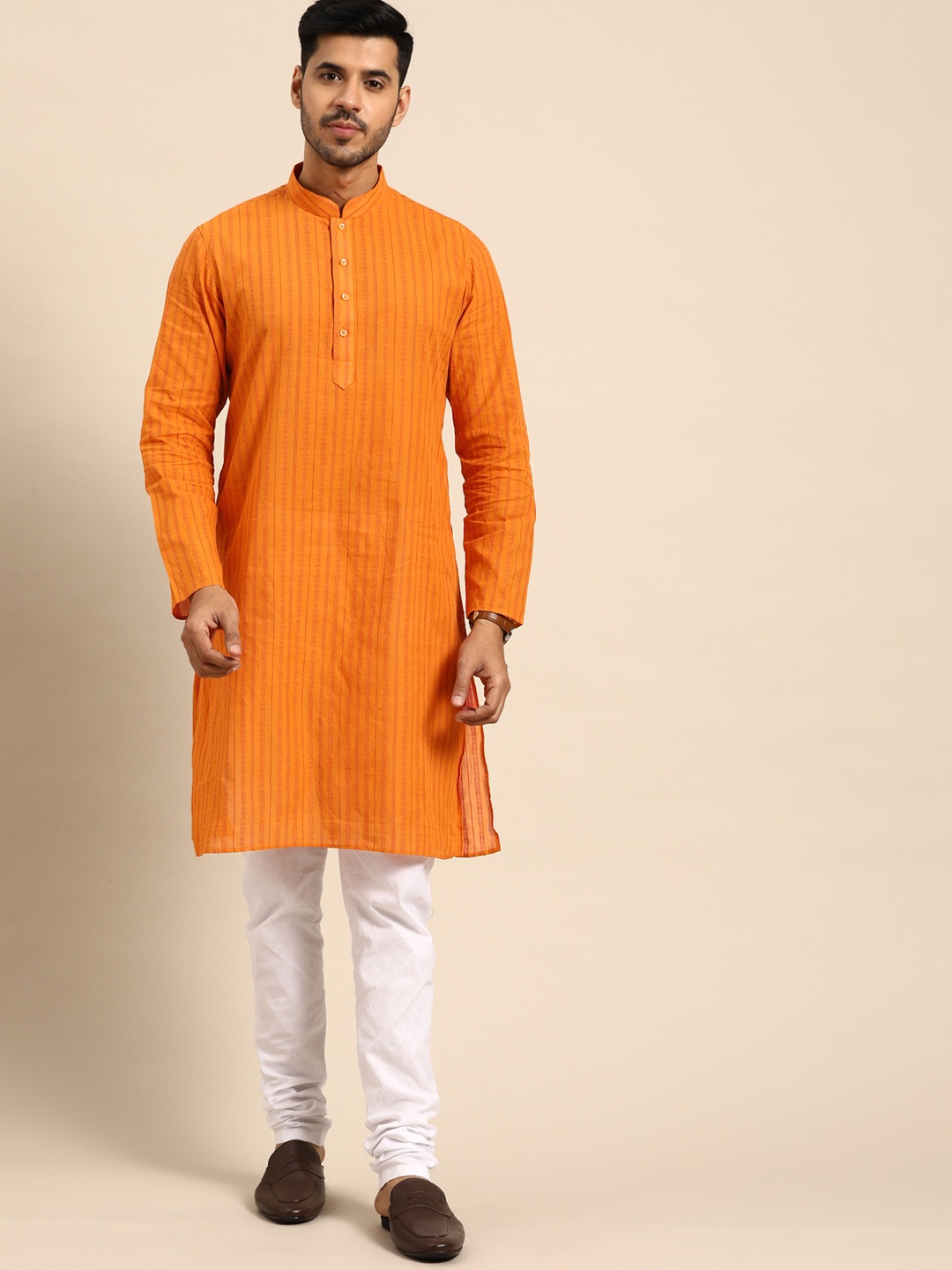 

Anouk Men Orange & White Striped Regular Pure Cotton Kurta with Churidar