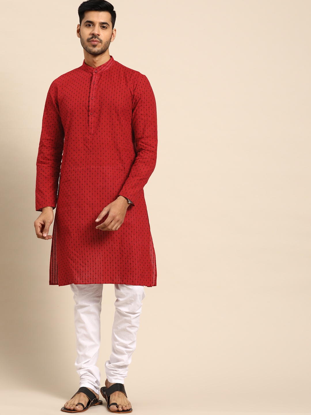 

Anouk Men Red & White Regular Pure Cotton Kurta with Churidar