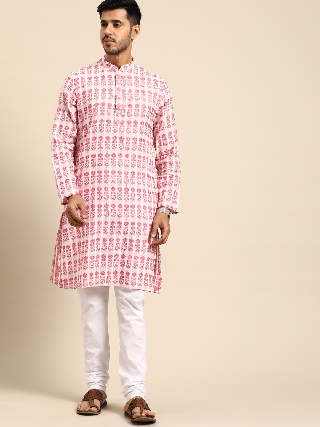 

Anouk Men Pink & White Floral Printed Regular Pure Cotton Kurta with Churidar