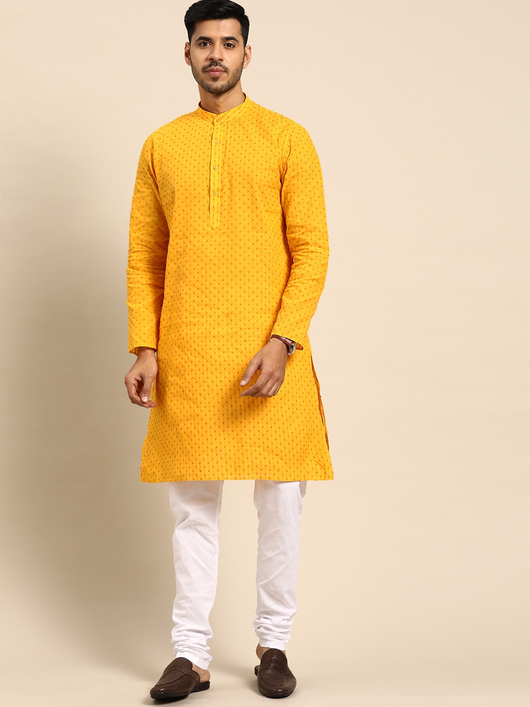 

Anouk Men Yellow & White Regular Pure Cotton Kurta with Churidar