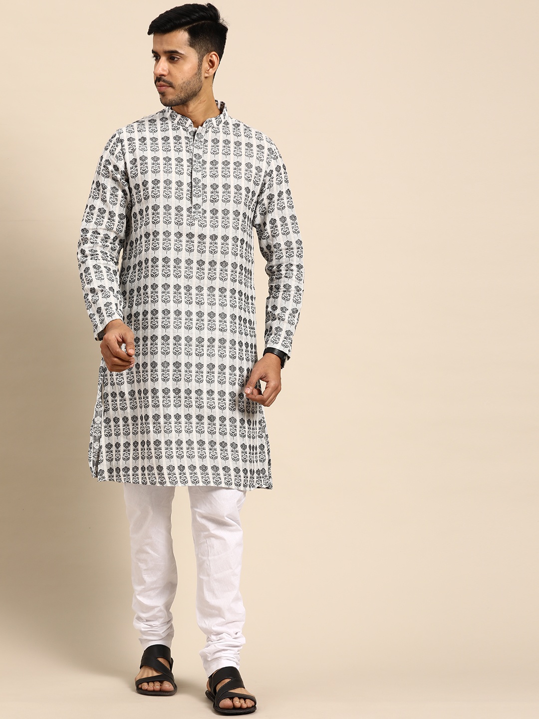 

Anouk Men Grey Printed Regular Pure Cotton Kurta with Churidar