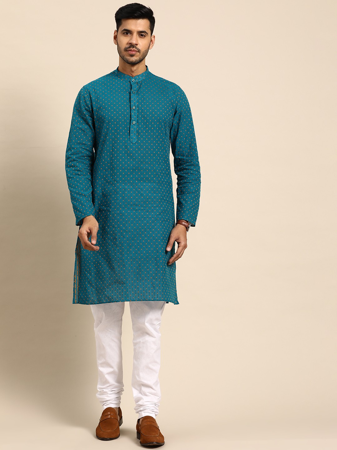 

Anouk Men Blue Printed Regular Pure Cotton Kurta with Churidar