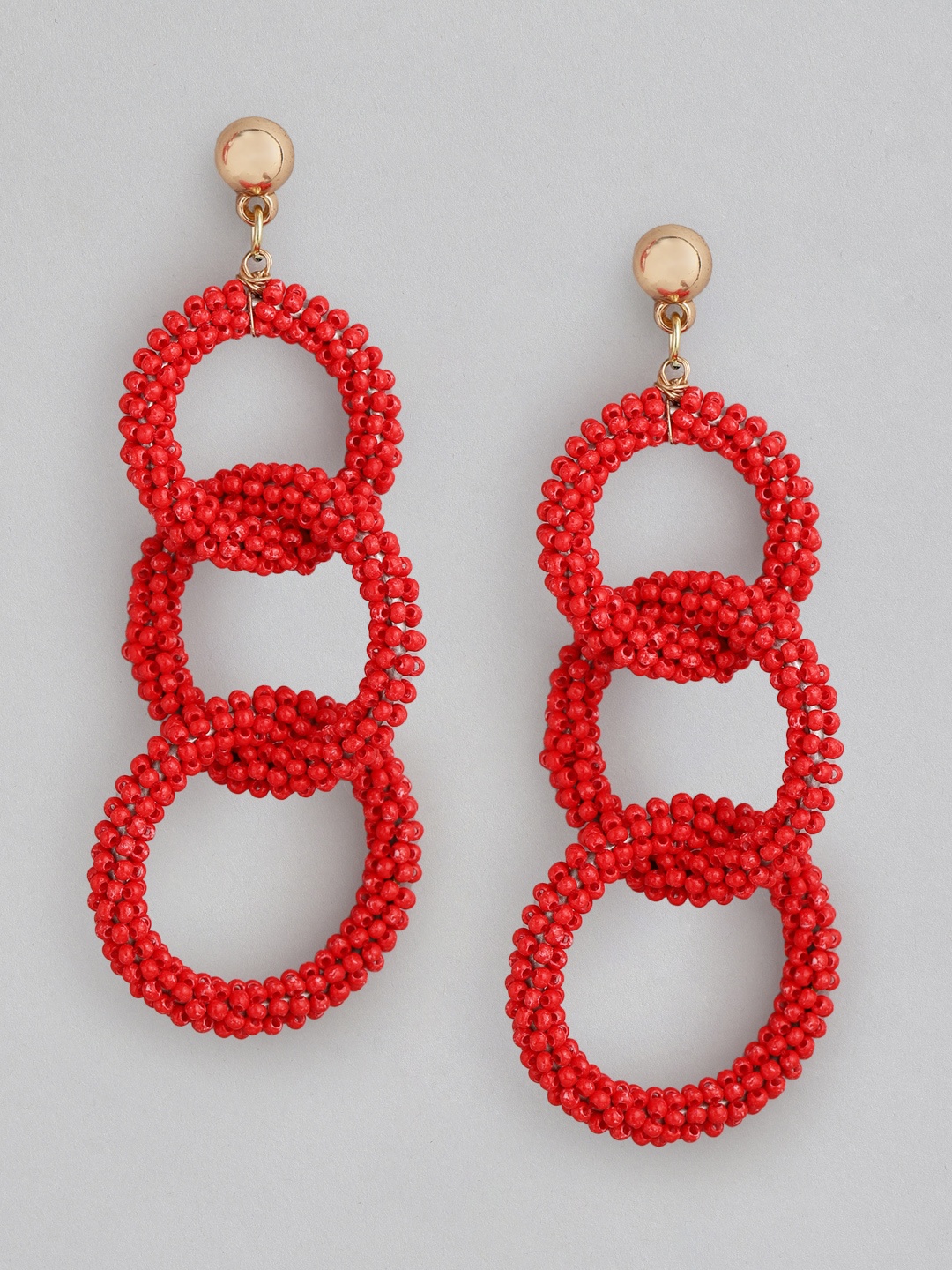 

RICHEERA Red Circular Beaded Drop Earrings