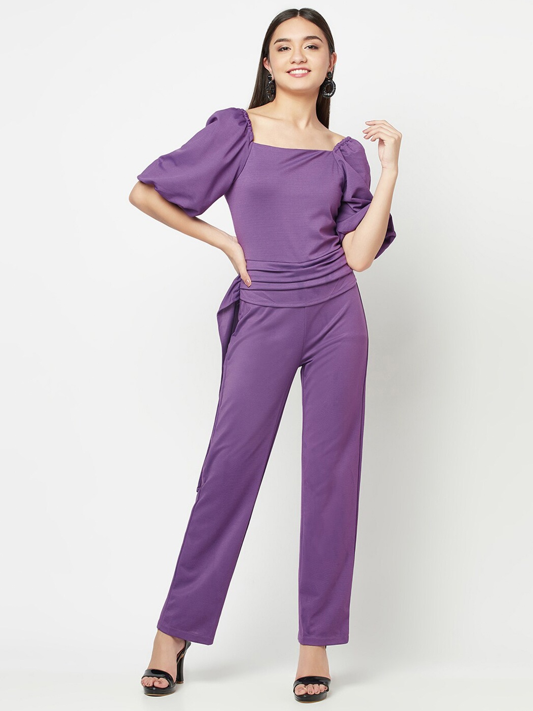 

iki chic Women Purple Puff Sleeves Waisted Basic Jumpsuit