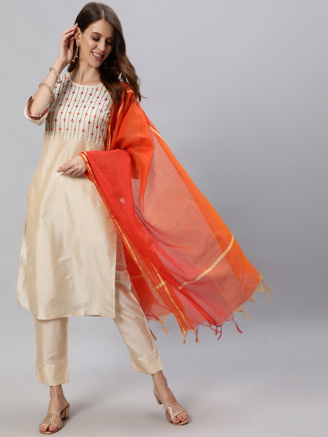 

Jaipur Kurti Women Off White & Orange Mirror Work Pure Silk Kurta With Trouser & Dupatta