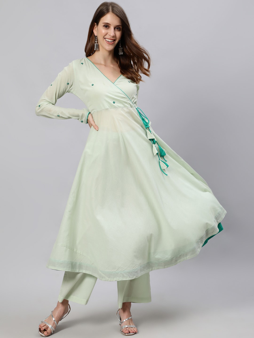 

Jaipur Kurti Angrakha Style Cotton Flared Kurta With Palazzos, Sea green