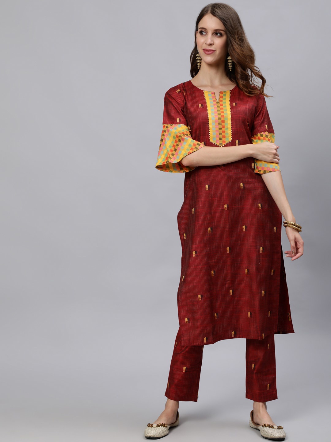 

Jaipur Kurti Women Maroon & Yellow Printed Regular Kurta With Trousers