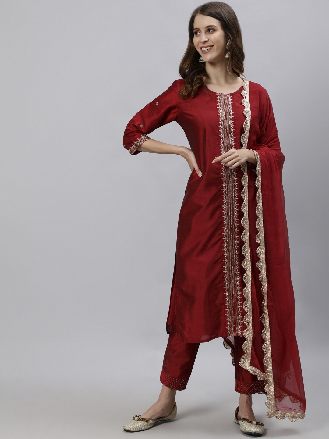 

Jaipur Kurti Women Maroon & Gold-Toned Embroidered Regular Kurta With Trousers & Dupatta