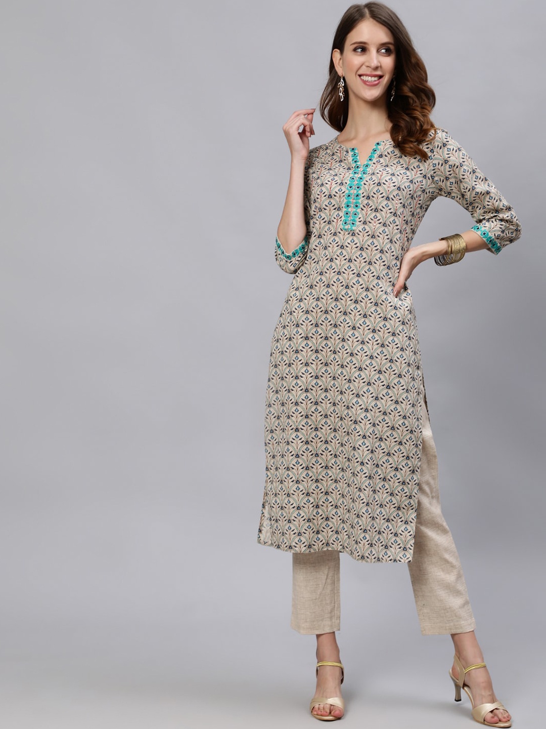 

Jaipur Kurti Women Off White & Blue Floral Printed Regular Kurta With Trousers