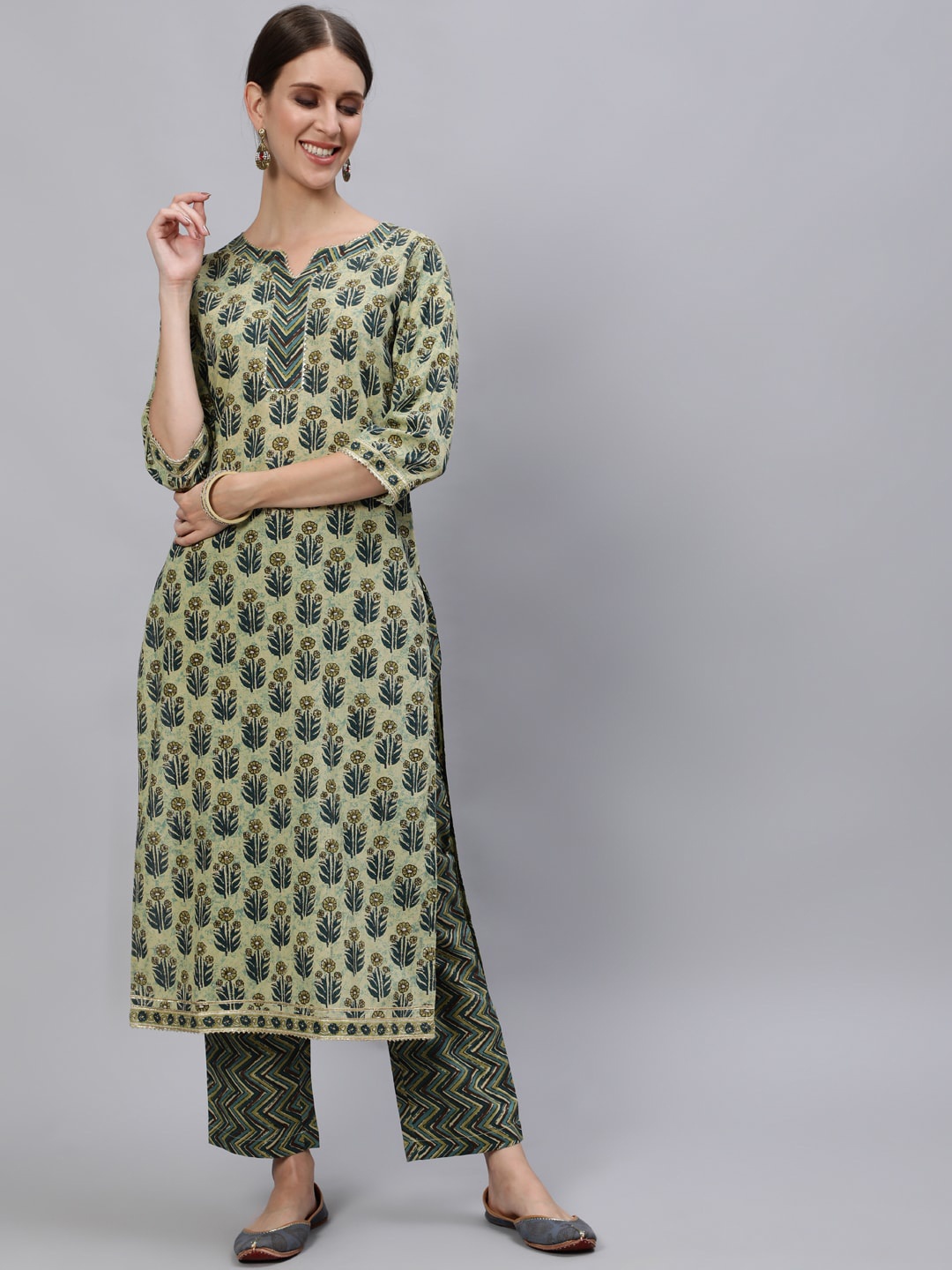 

Jaipur Kurti Women Green & Yellow Ethnic Motifs Printed Pure Cotton Kurta With Trousers
