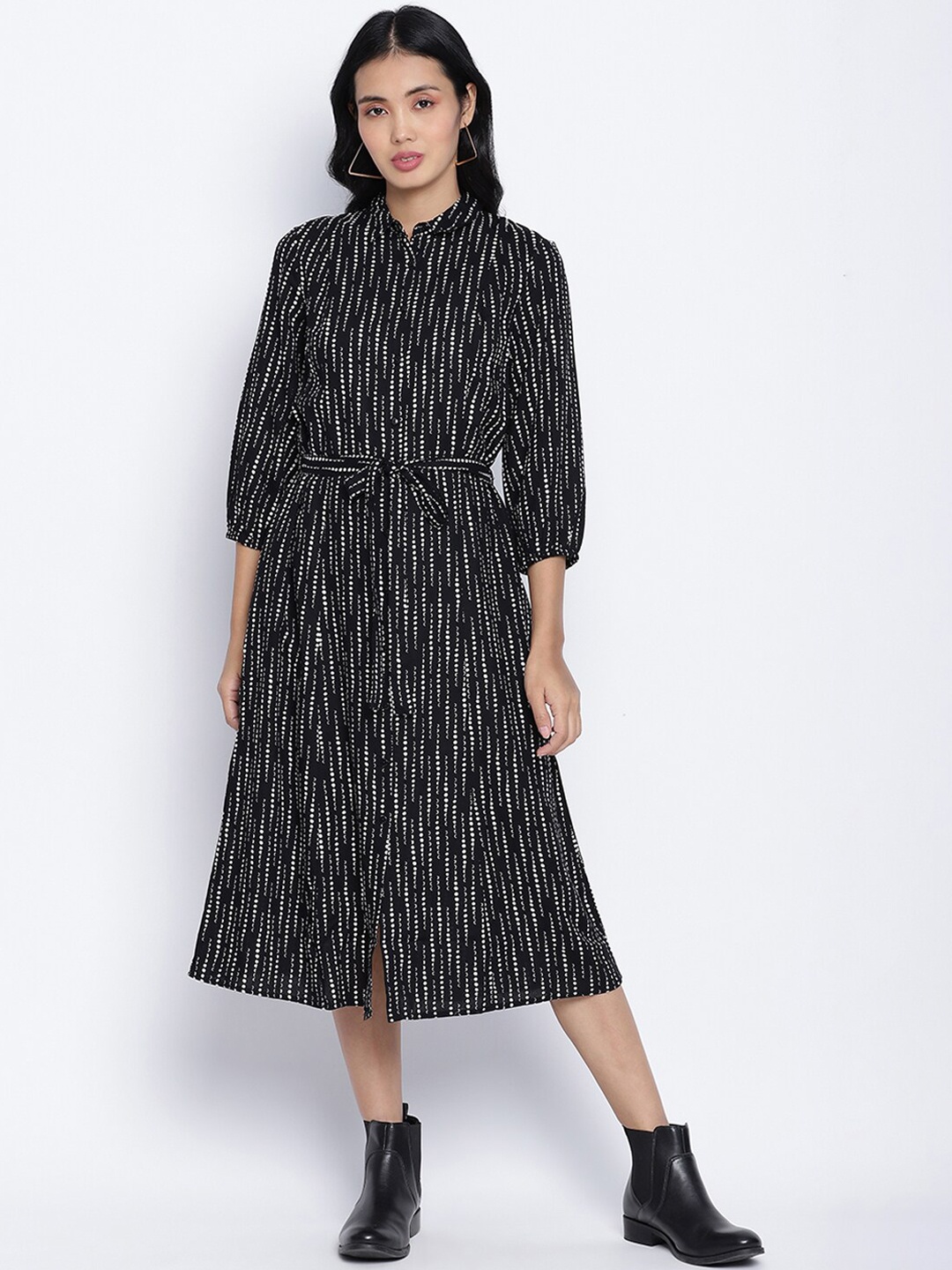 

Oxolloxo Women Black & White Striped Crepe Shirt Midi Dress
