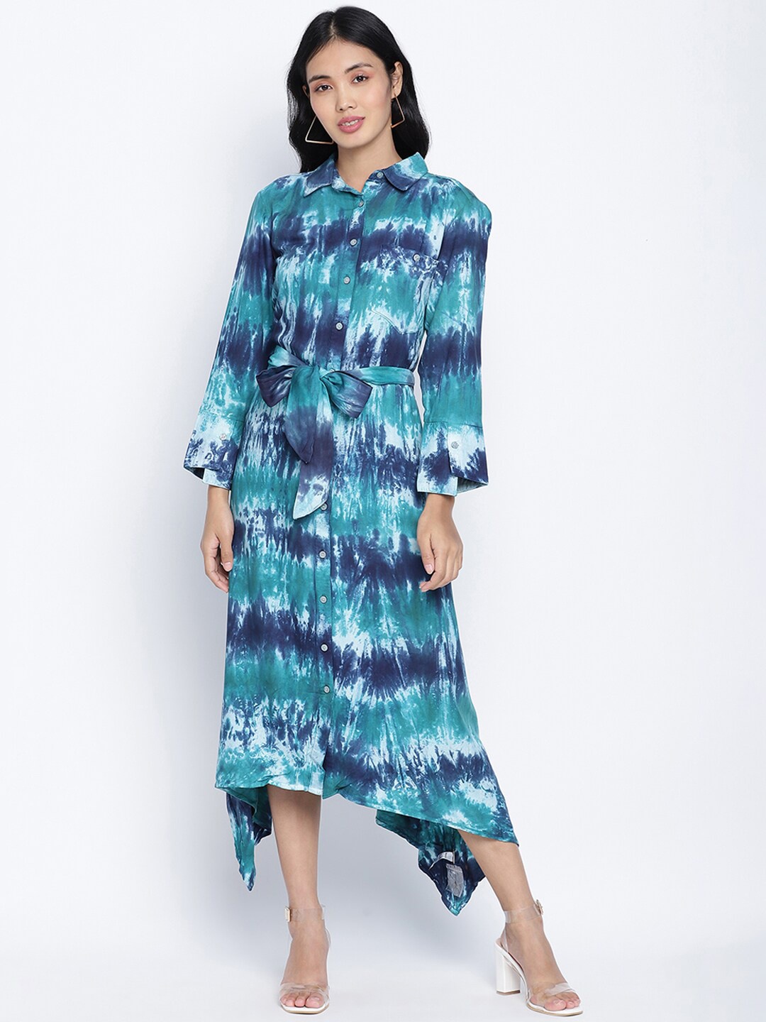 

Oxolloxo Blue & White Tie & Dye Dyed Crepe Shirt Midi Dress