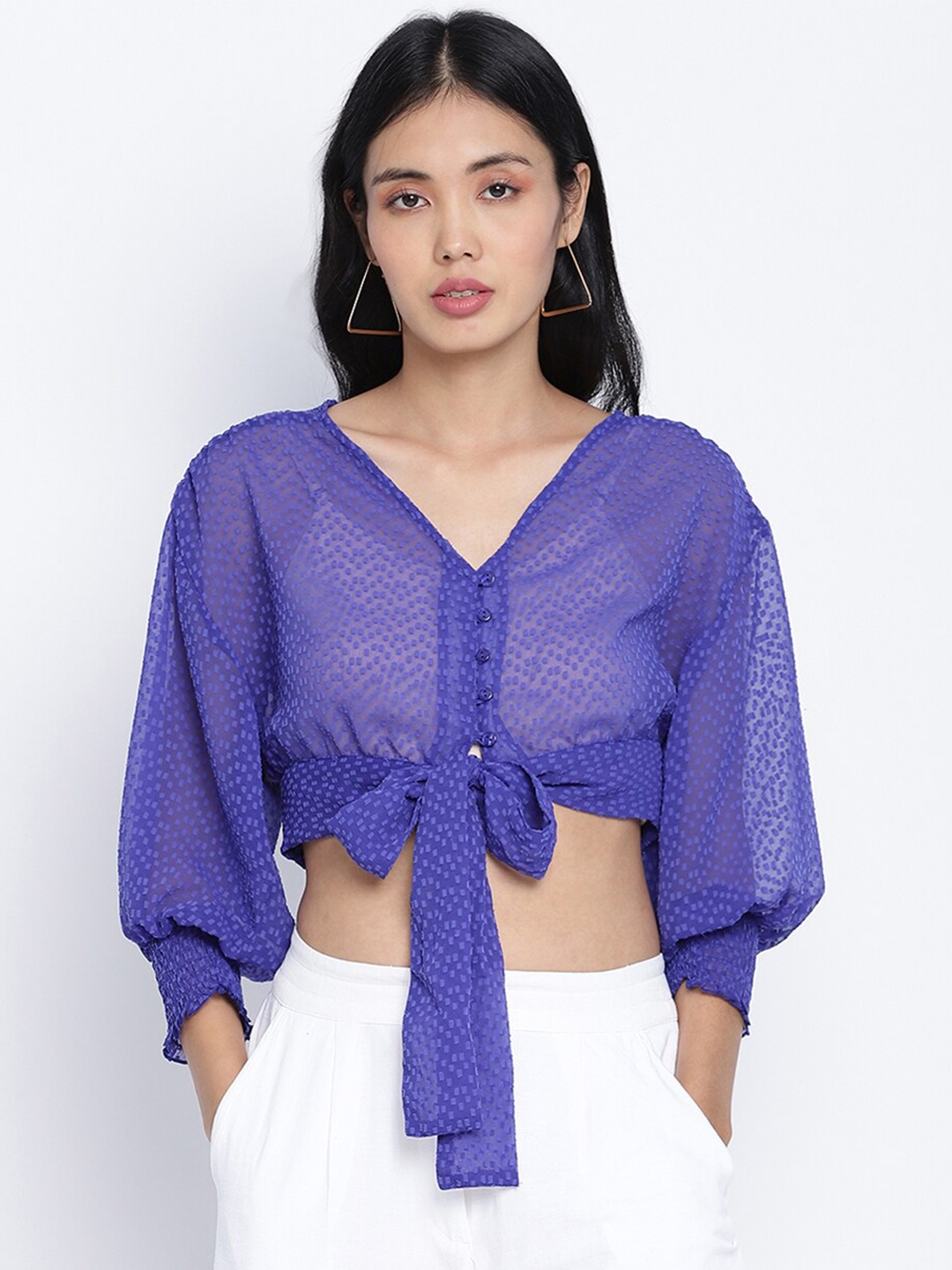 

Oxolloxo Purple Geometric Self Design Smocked Regular Crop Top