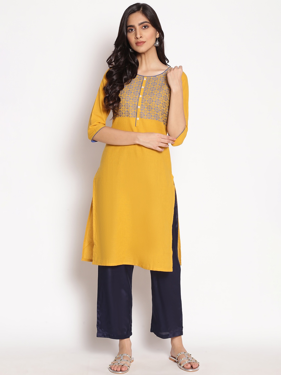 

AURELIA Women Yellow Geometric Yoke Design Pure Cotton Kurta