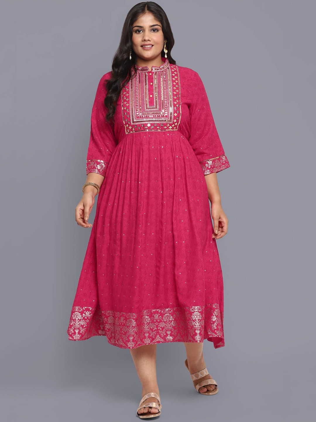

AURELIA Pink Ethnic Motifs Midi Dress