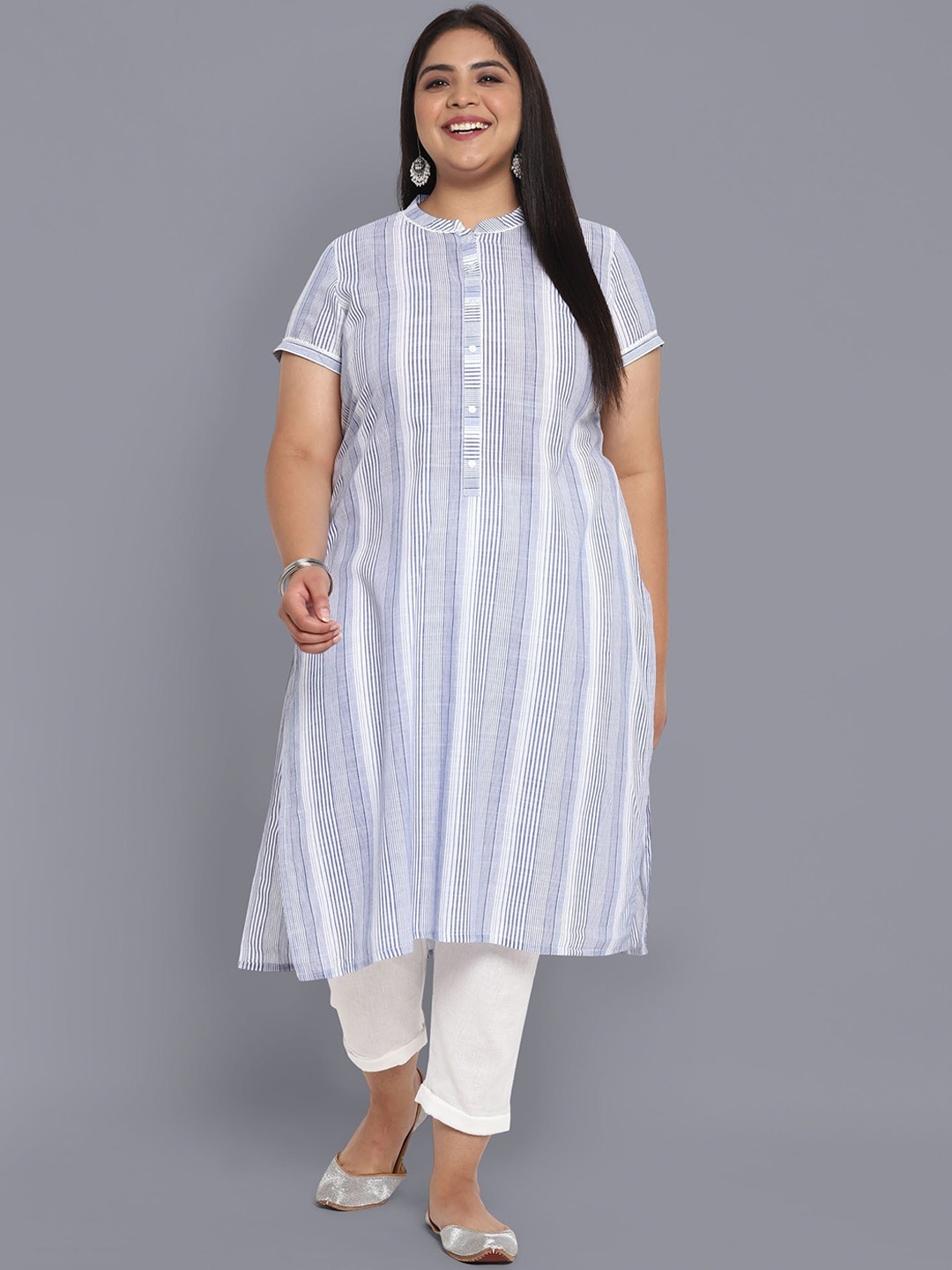 

AURELIA Women Blue & White Striped Pure Cotton A-line Kurta