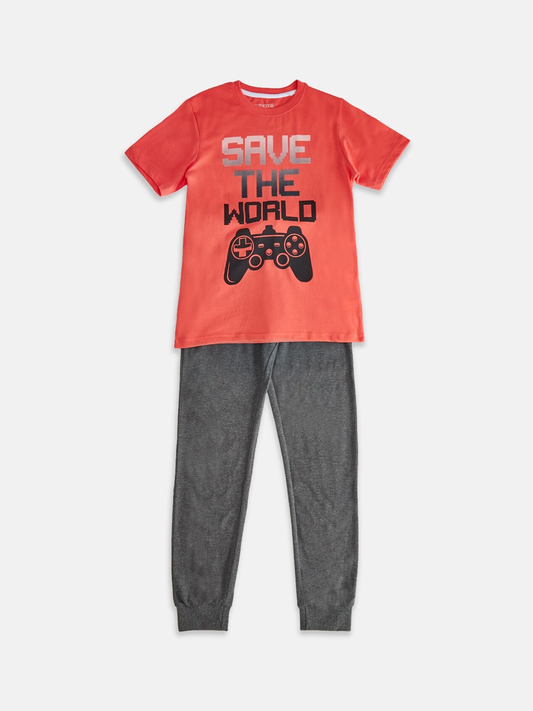 

Pantaloons Junior Boys Red & Grey Printed Pure Cotton Night Suit