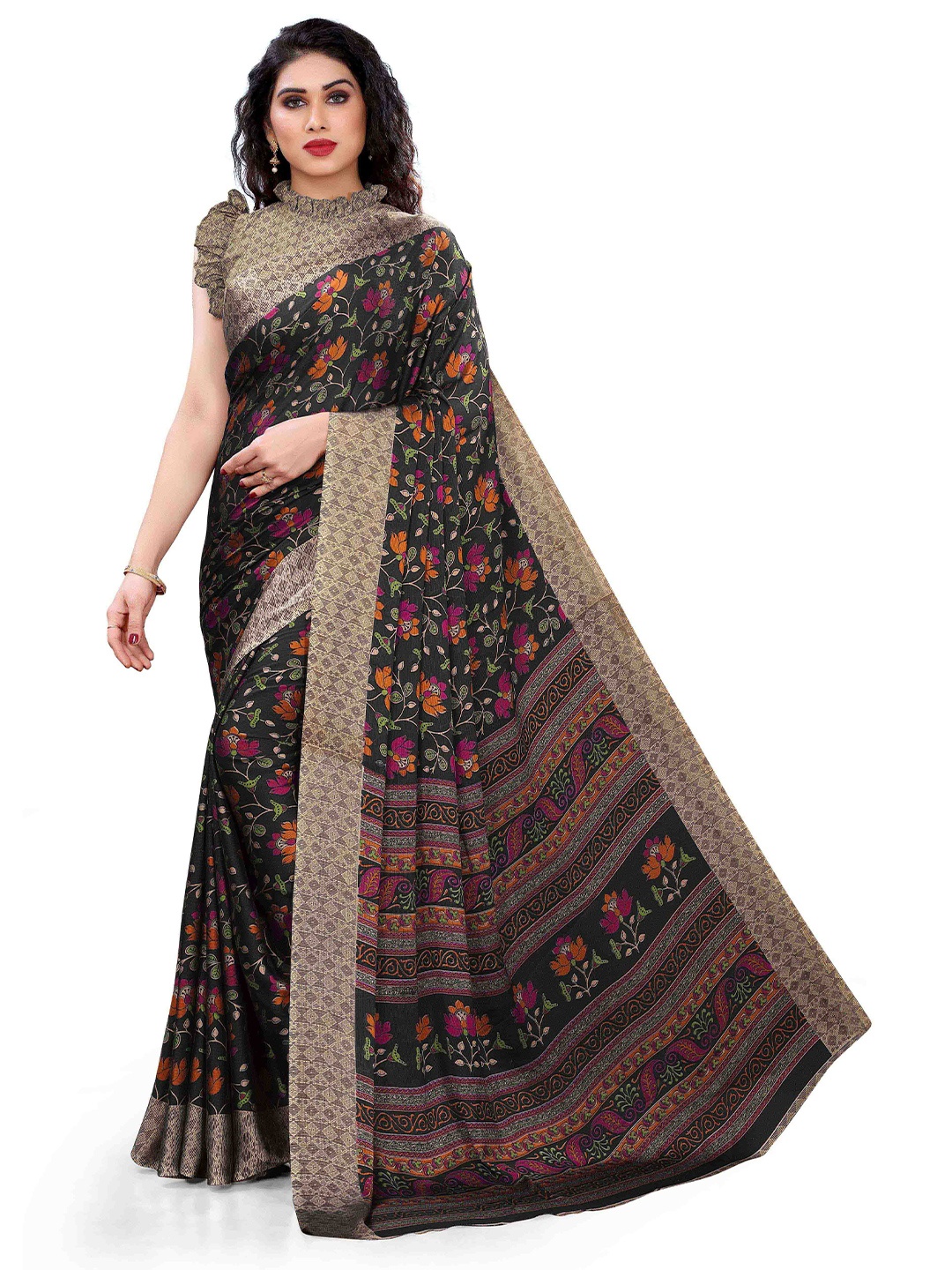 

KALINI Black & Multicoloured Floral Printed Chiffon Bagh Saree