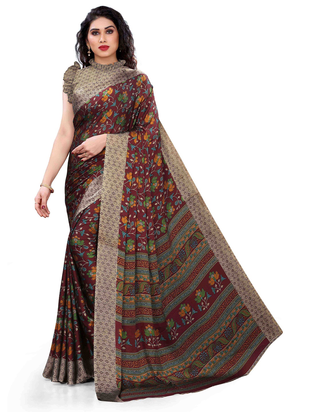 

KALINI Maroon & Multicoloured Floral Printed Chiffon Bagh Saree