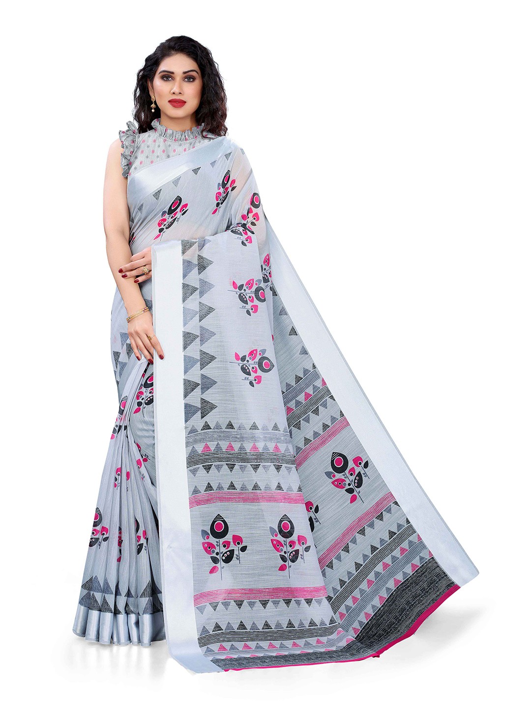 

KALINI Grey & Pink Floral Printed Bagh Saree