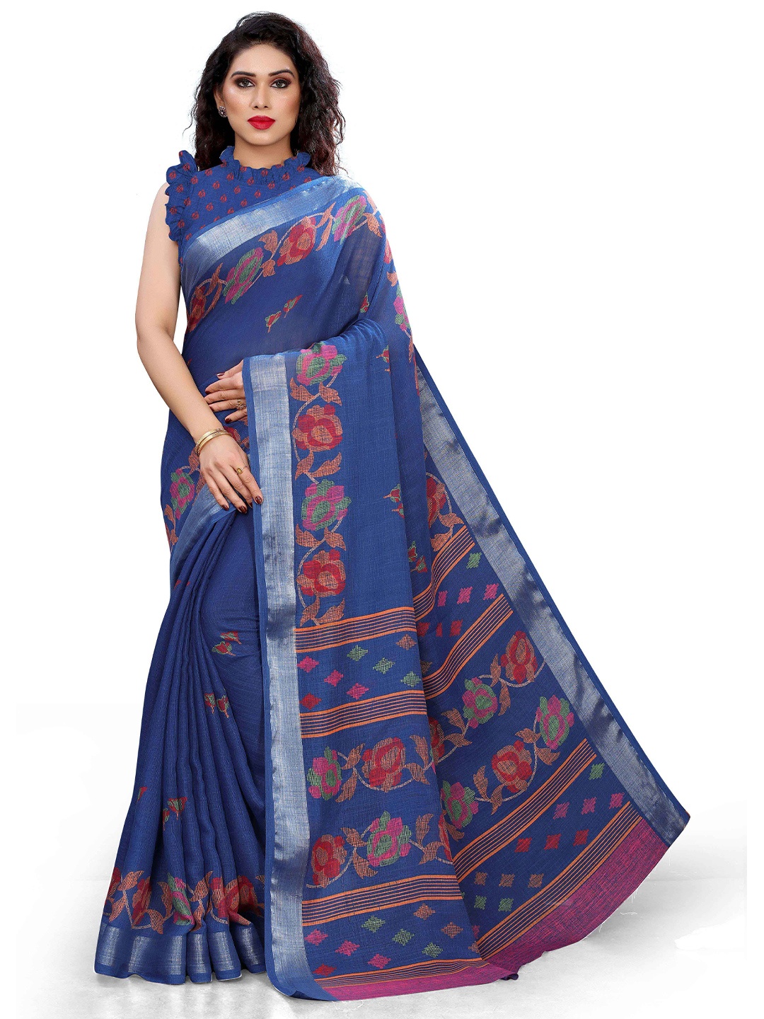 

KALINI Blue & Red Floral Printed Zari Bagh Saree