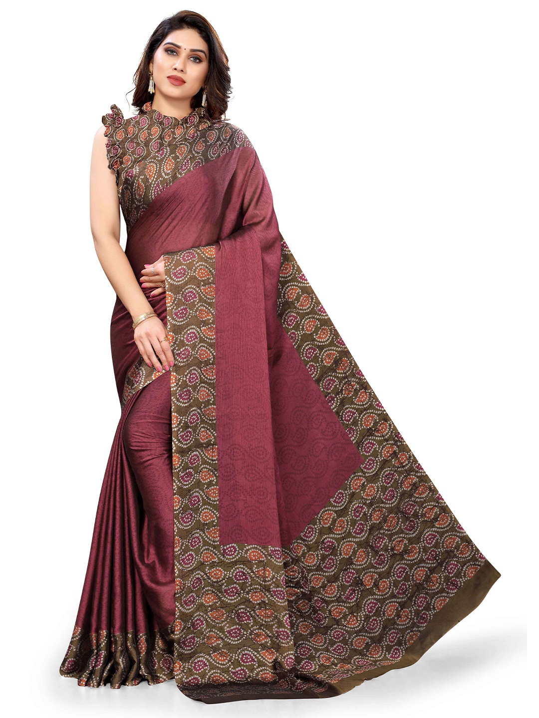 

KALINI Brown & Pink Printed Saree
