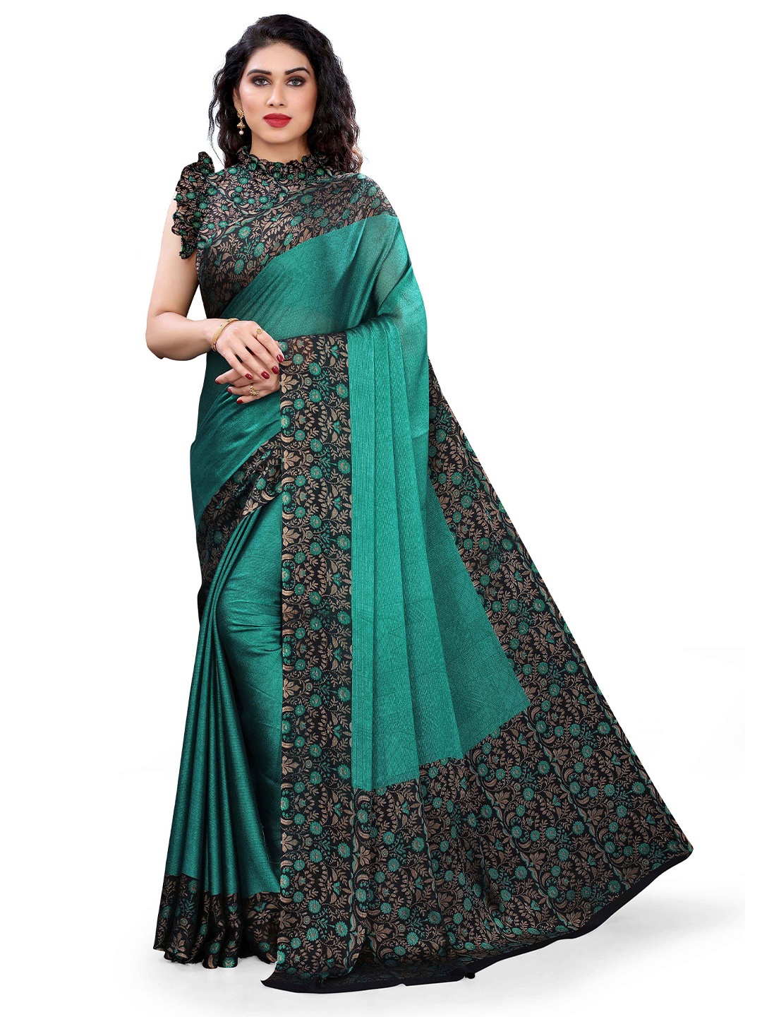 

KALINI Teal Green & Black Floral Saree