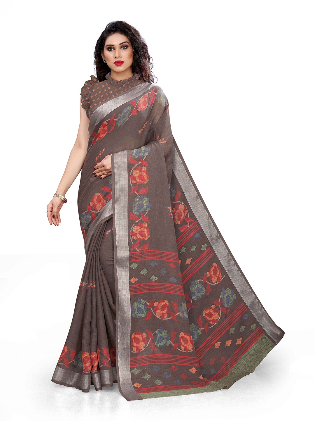

KALINI Coffee Brown & Red Floral Zari Bagh Saree