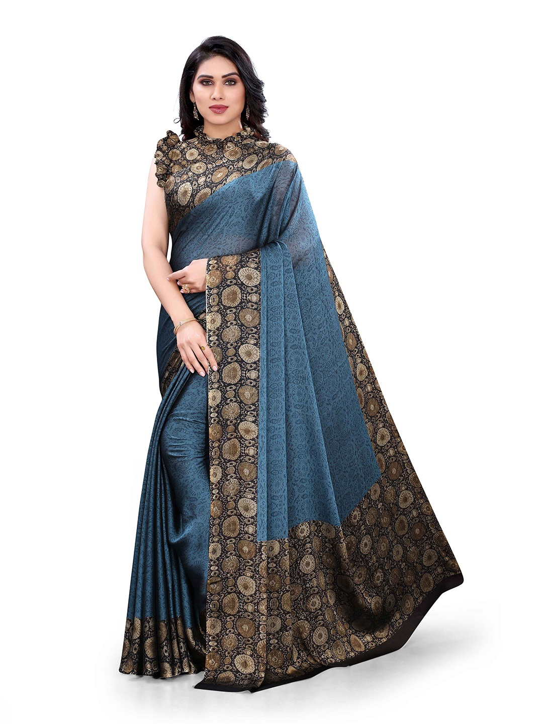 

KALINI Teal Blue & Brown Printed Saree