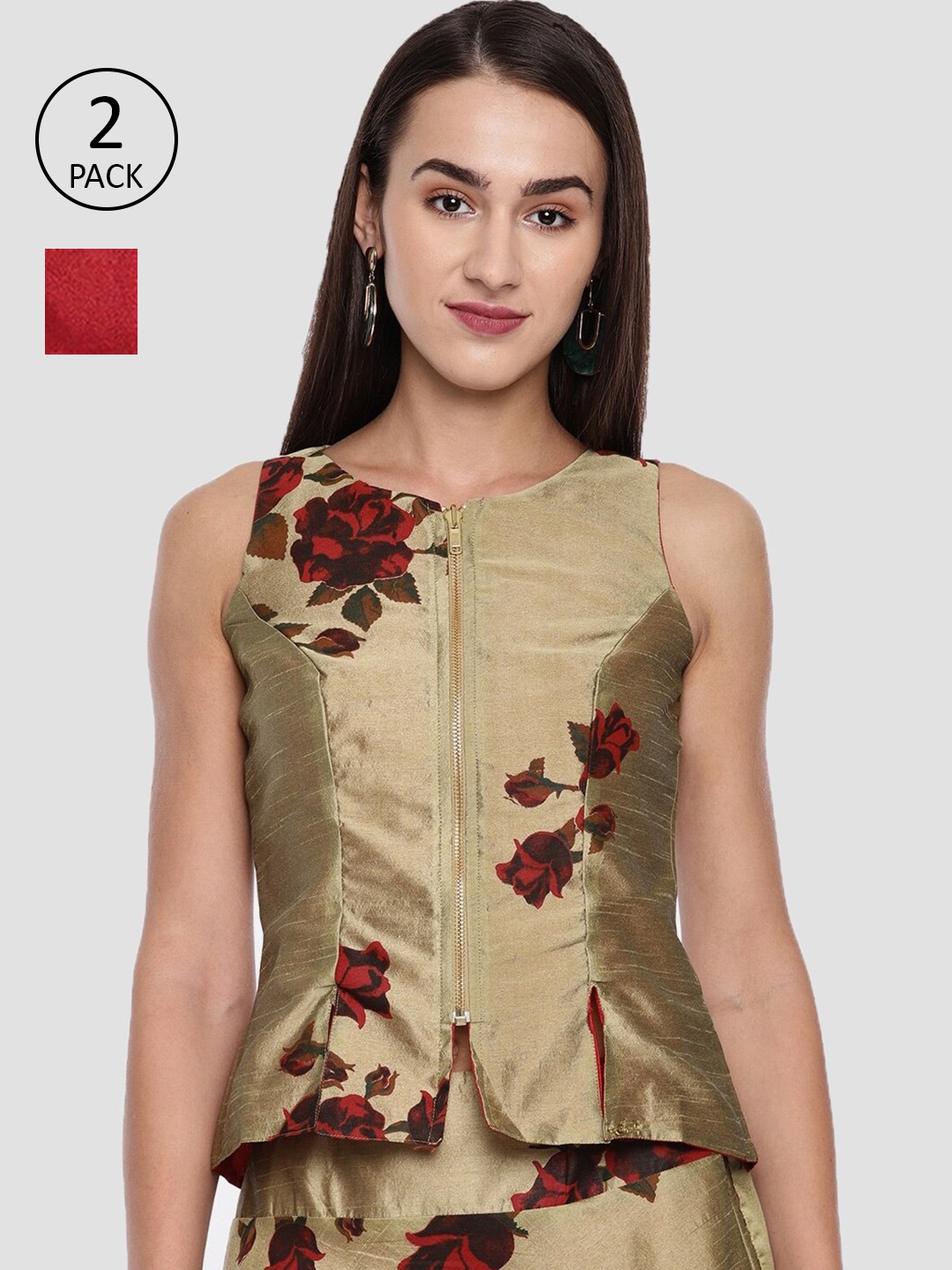

Ira Soleil Gold-Toned & Red Floral Printed Reversible Top