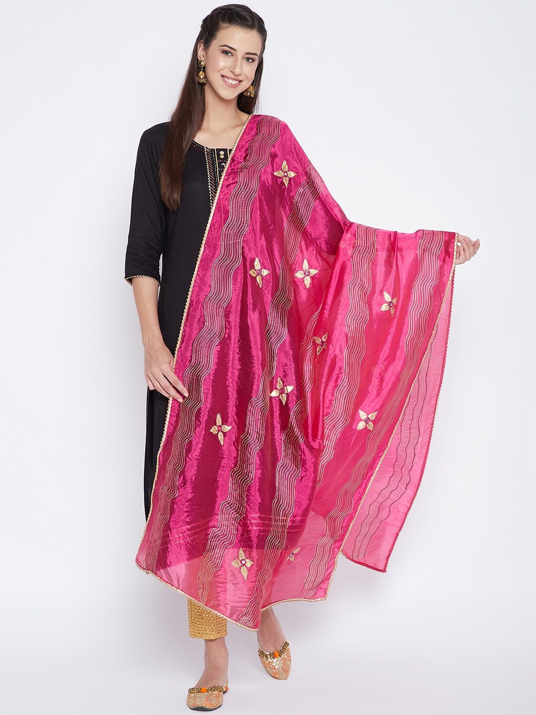 

Clora Creation Magenta & Gold-Toned Embroidered Dupatta with Mirror Work