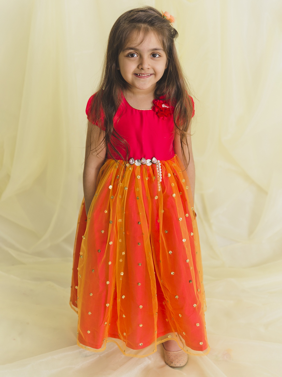 

SAKA DESIGNS Girls Magenta & Orange Embellished Jacquard Maxi Dress