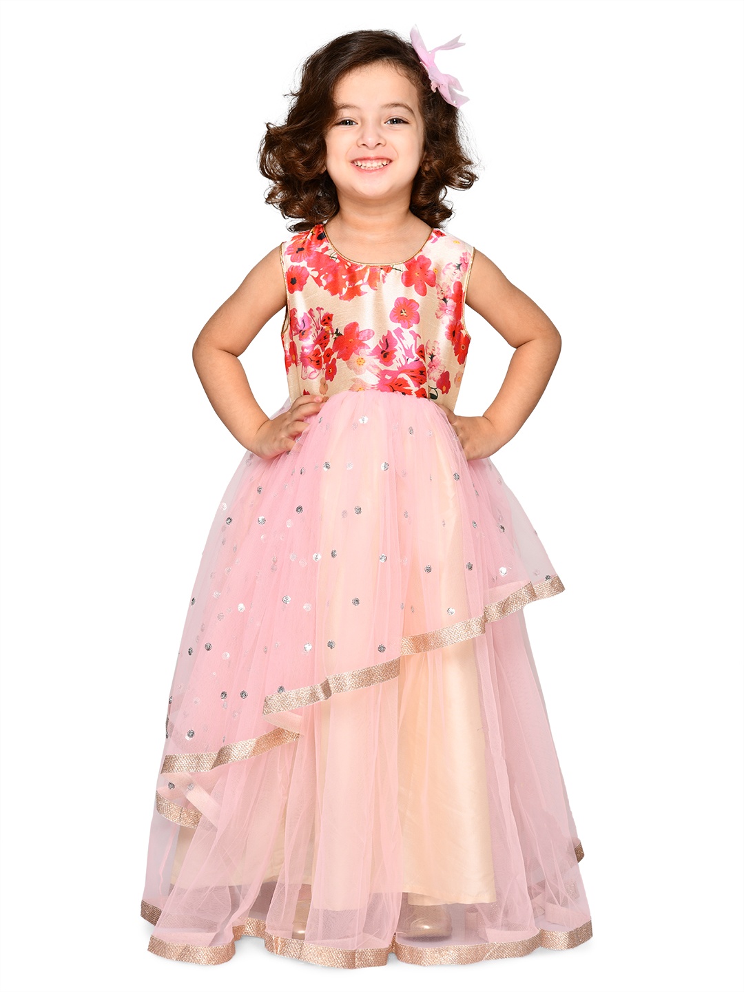 

SAKA DESIGNS Girls Pink & Red Floral Layered Jacquard Maxi Midi Dress