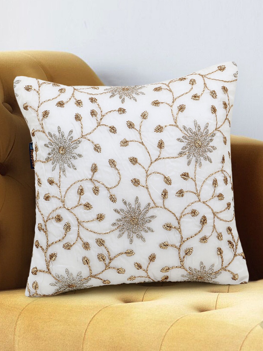 

Mezposh White & Gold-Toned Floral Embroidered Faux Silk Square Cushion Covers