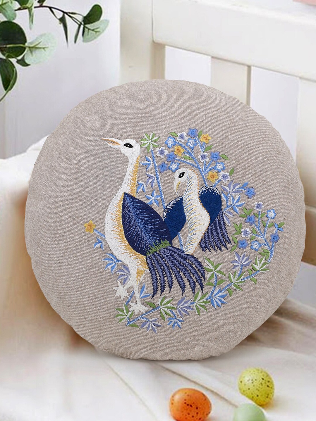 

Mezposh Off White & Blue Quirky Bird Embroidered Round Cotton Cushion Covers