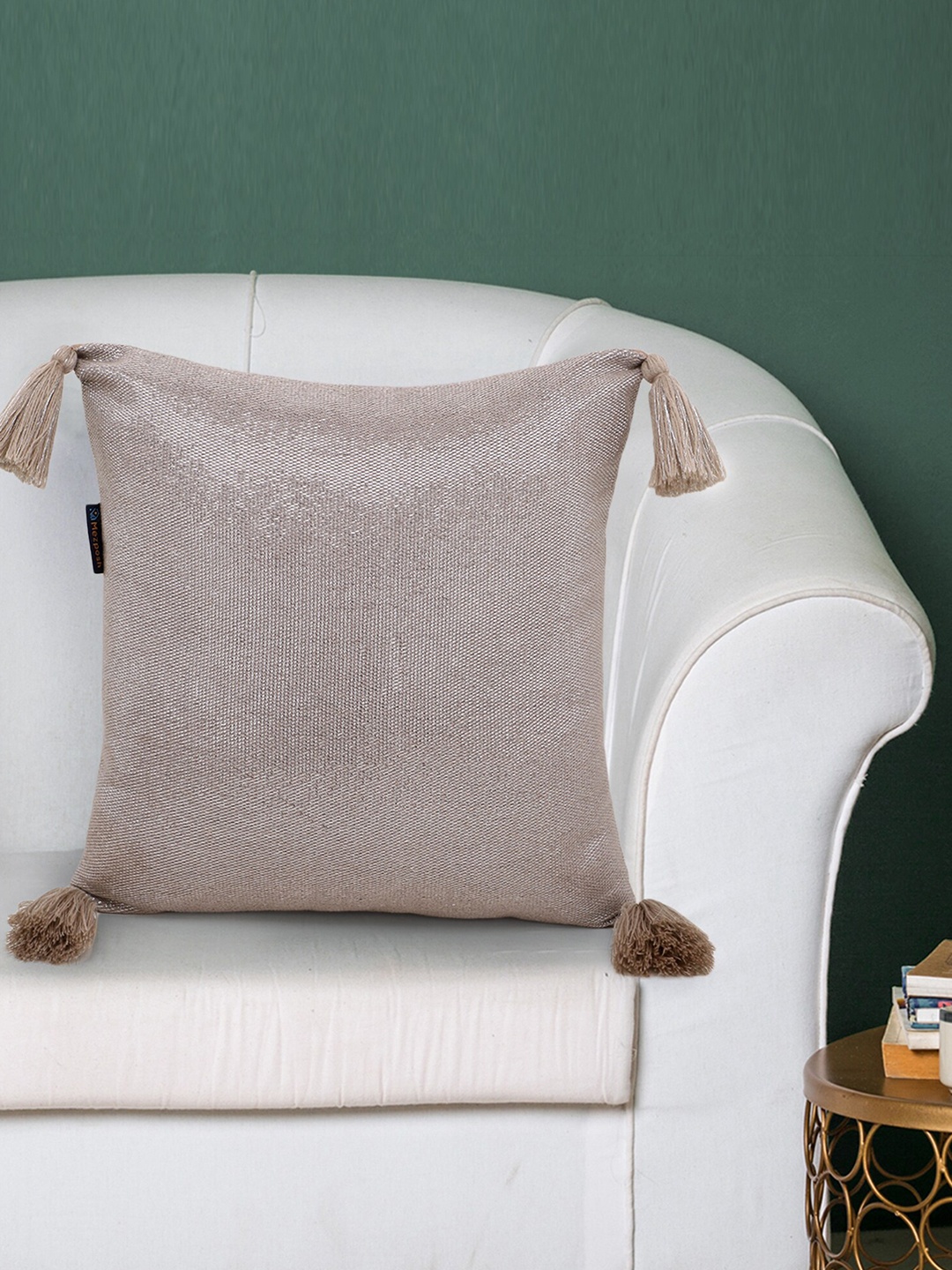 

Mezposh Beige & Silver-Toned Cotton Lurex Self Design Square Cushion Covers
