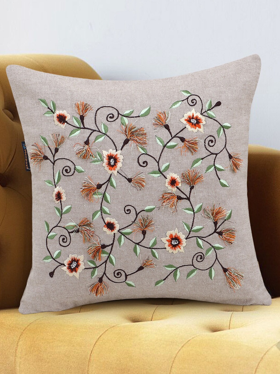 

Mezposh Beige & Green Floral Embroidered Cotton Chambray Square Cushion Covers