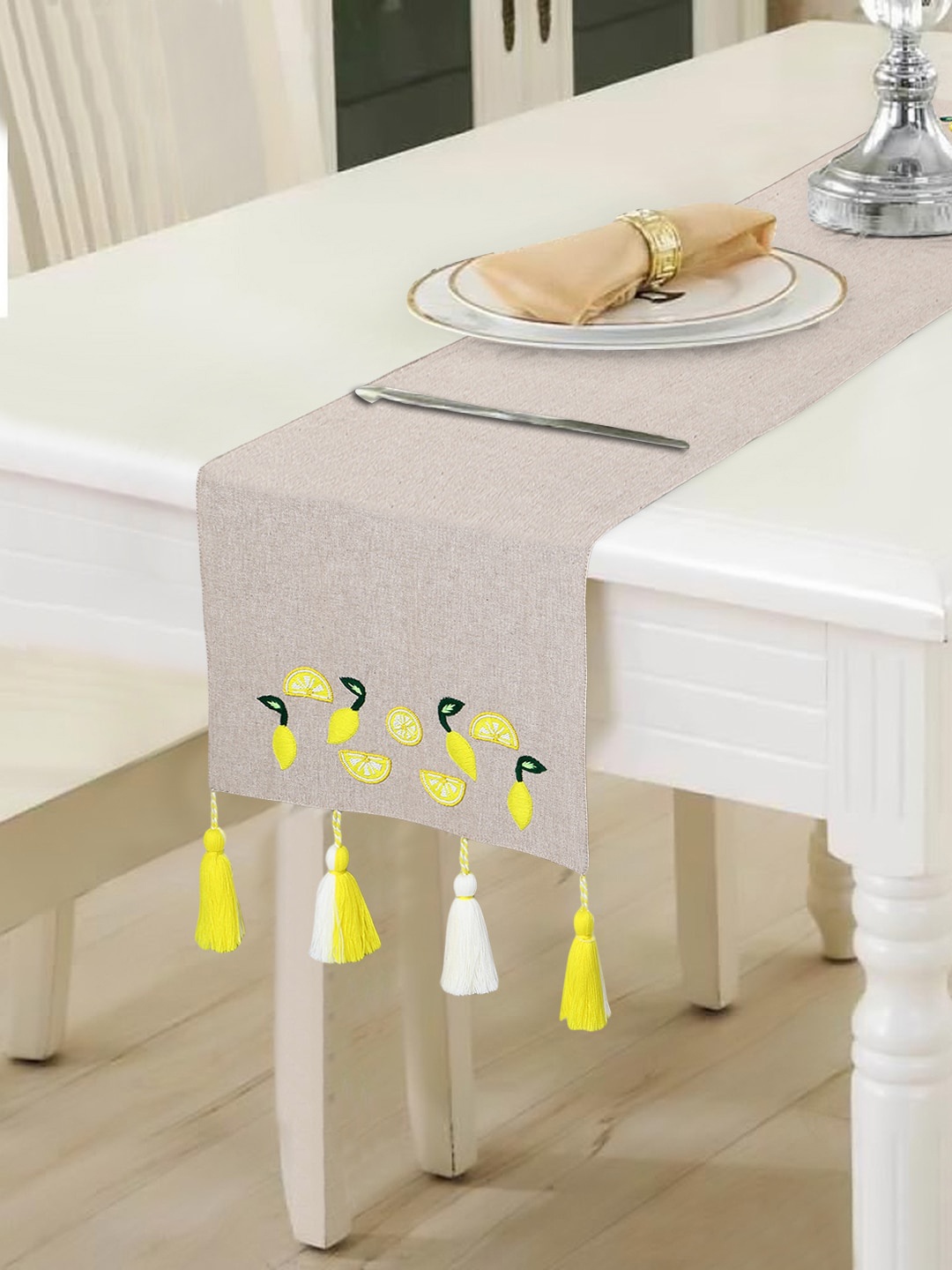 

Mezposh Unisex Beige Quirky Embroidered 6- Seater Table Runner With Tassels