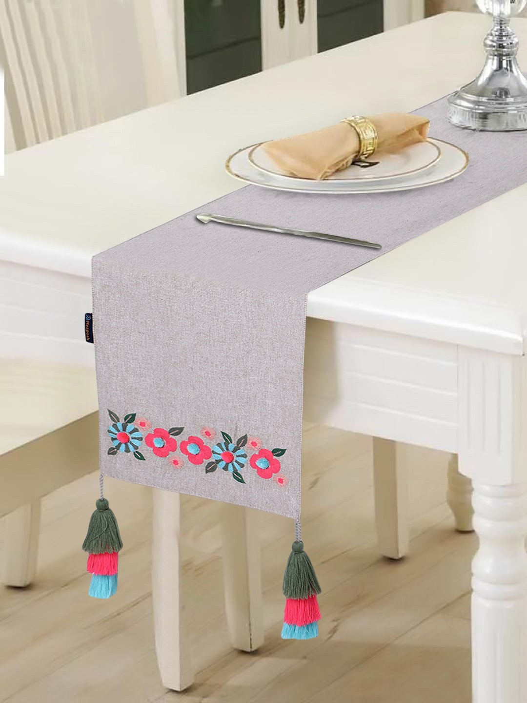 

Mezposh Beige & Blue Floral Embroidered Cotton 6-Seater Table Runner