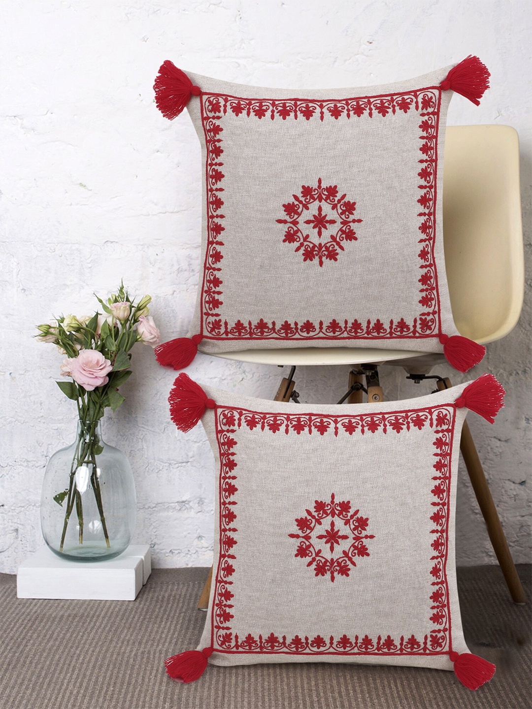 

Mezposh Set Of 2 Ethnic Motifs Embroidered Cotton Square Cushion Covers, Beige