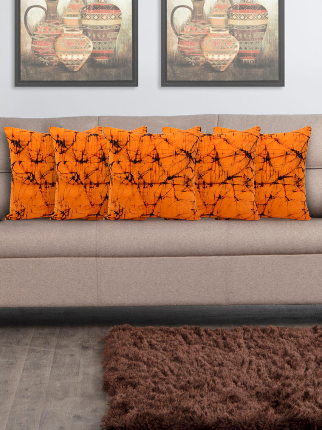 

Mezposh Set Of 5 Orange & Black Abstract Block Printed Cotton Square Cushion Covers