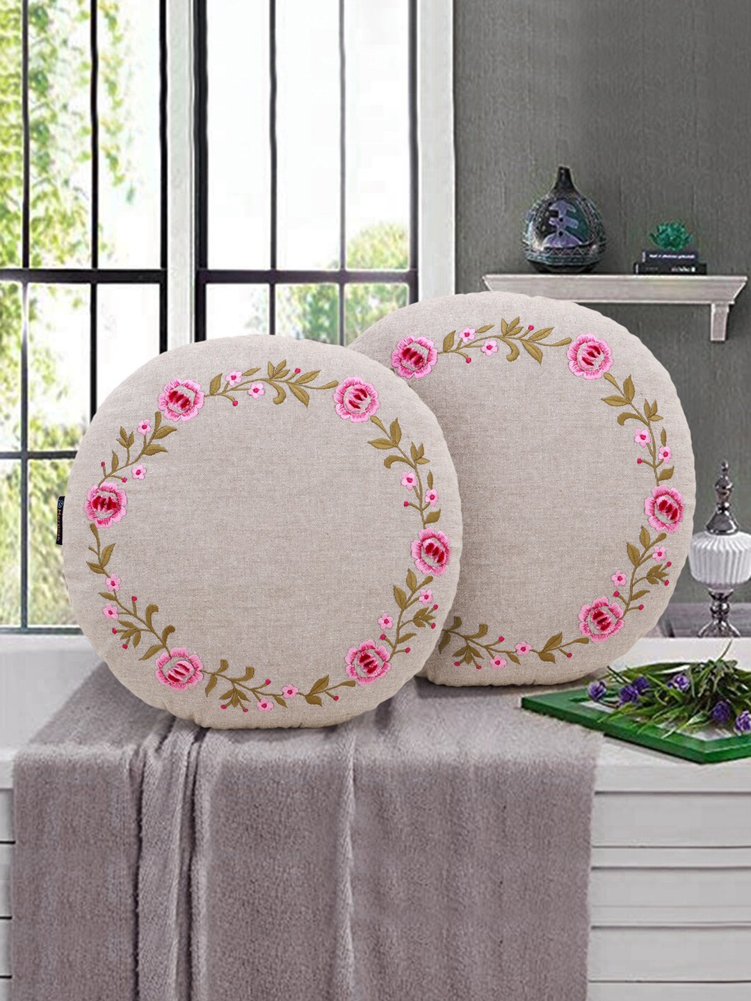 

Mezposh Set Of 2 Beige & Green Floral Printed Cotton Chambray Round Cushion Covers