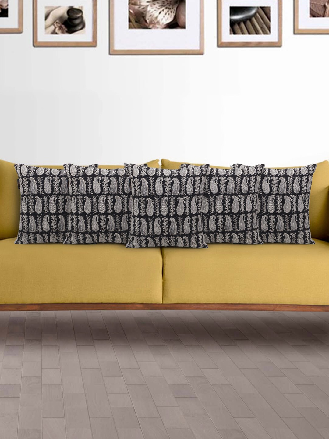 

Mezposh Set Of 5 Black & Cream-Coloured Block Printed Cotton Square Cushion Covers