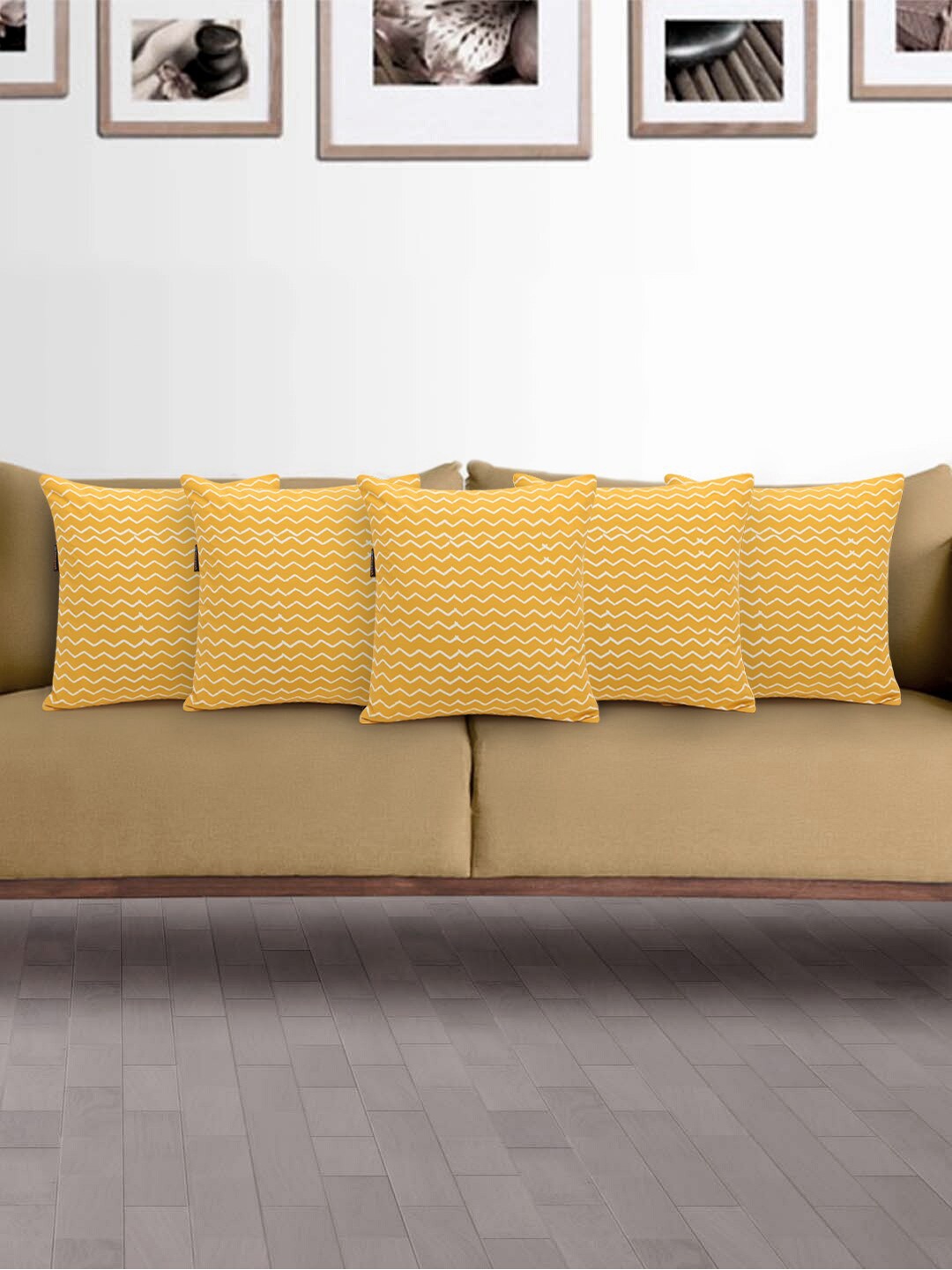 

Mezposh Set Of 5 Yellow & White Zig-Zag Block Printed Cotton Square Cushion Covers