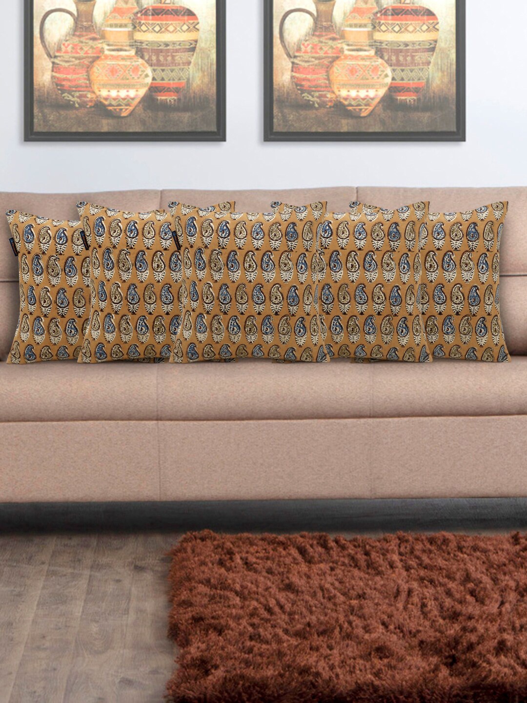 

Mezposh Set Of 5 Ethnic Motifs Block Printed Cotton Square Cushion Covers, Mustard