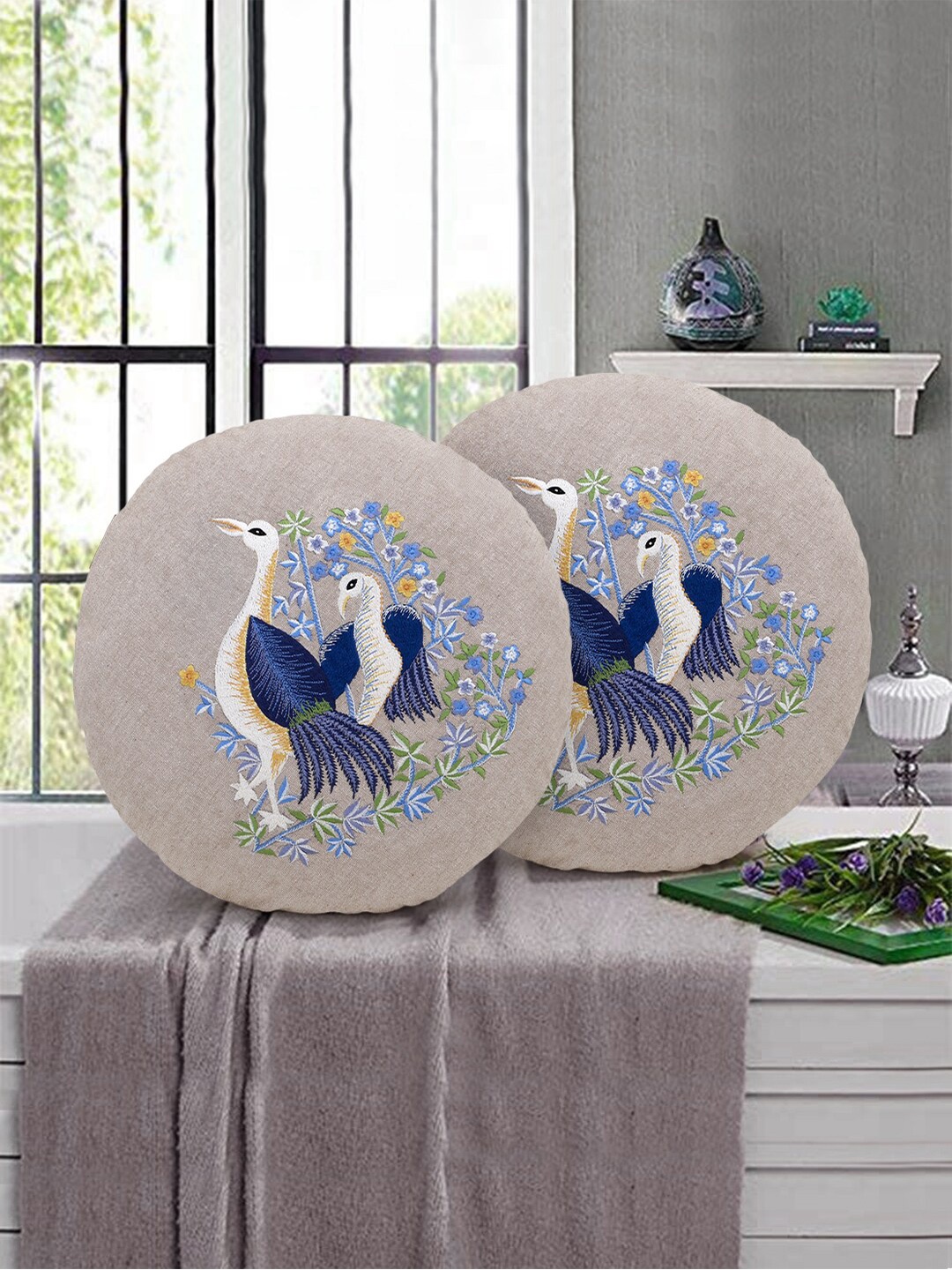 

Mezposh Set Of 2 Beige & Blue Quirky Bird Embroidered Cotton Round Cushion Covers