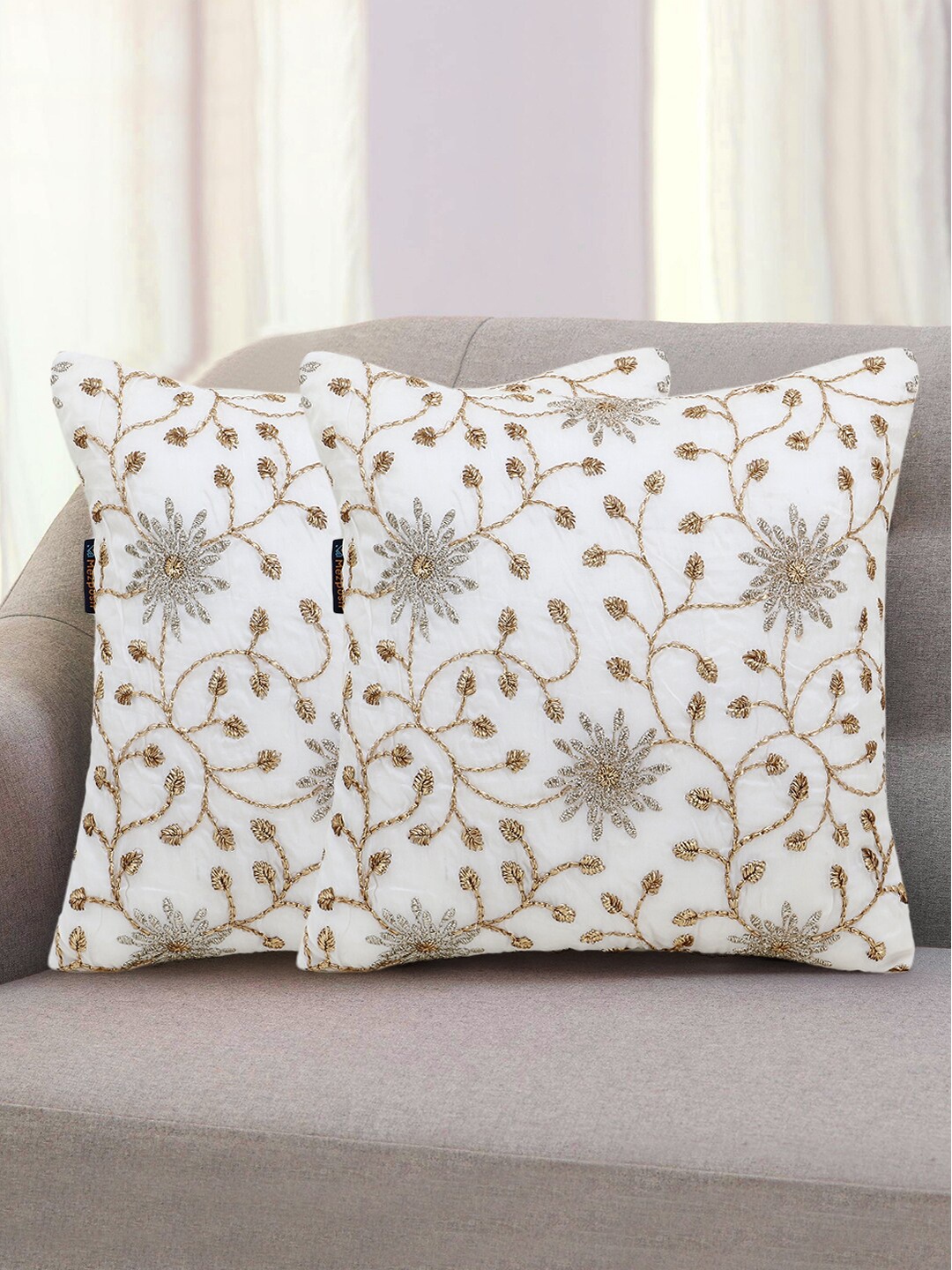

Mezposh Set Of 2 Floral Hand Embroidered Faux Silk Square Cushion Covers, White