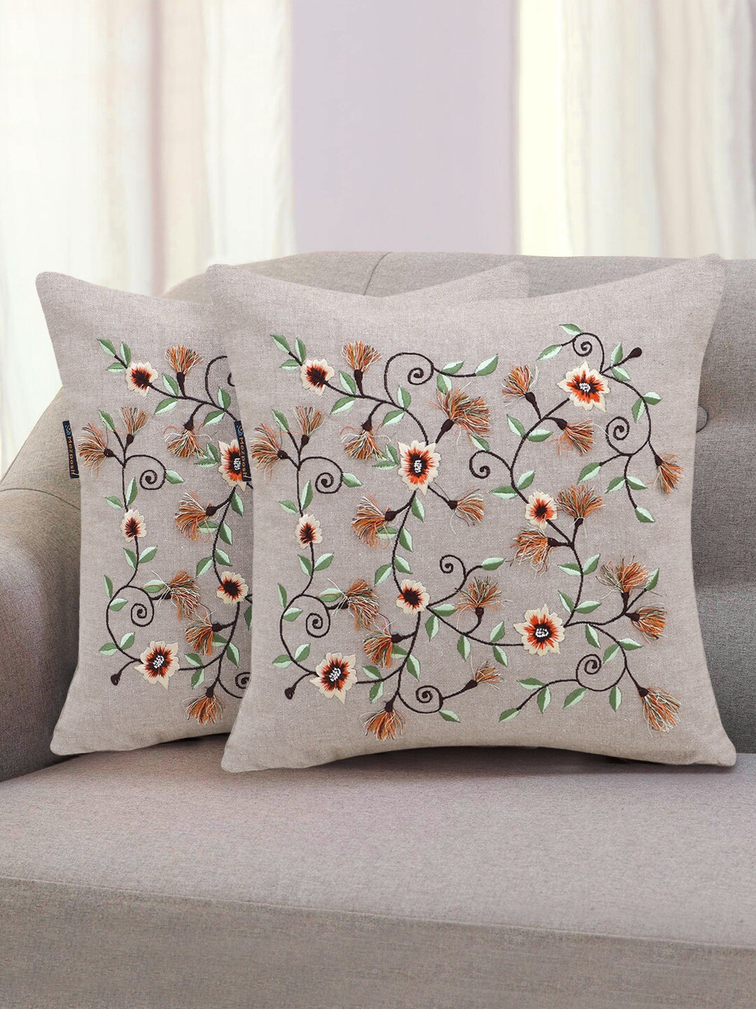 

Mezposh Set Of 2 Beige & Green Floral Embroidered Cotton Chambray Square Cushion Covers