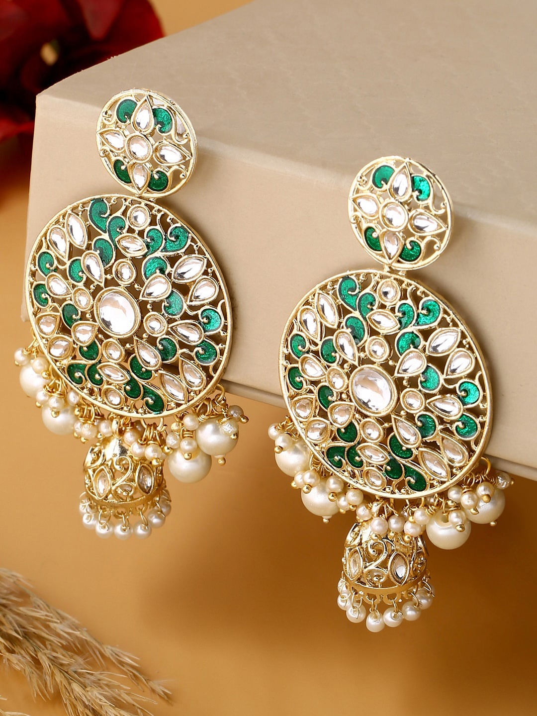 

Shoshaa Green & Gold-Plated Kundan Studded Contemporary Jhumkas Earrings